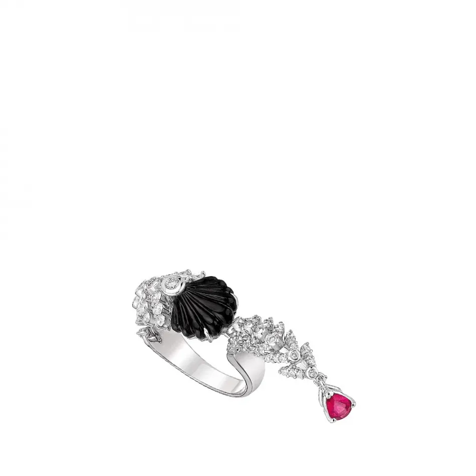 Adrienne Between-Finger Ring, White Gold, Rubellite, Onyx, Diamonds