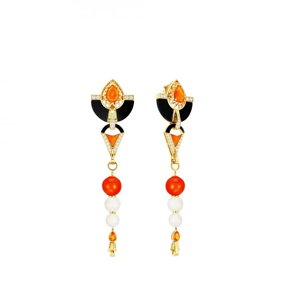 L'Oiseau De Feu Earrings, Large, Yellow Gold, Sapphires, Diamonds, Fire Opals, Jade, Carnelian, Lacquer (Special Order)