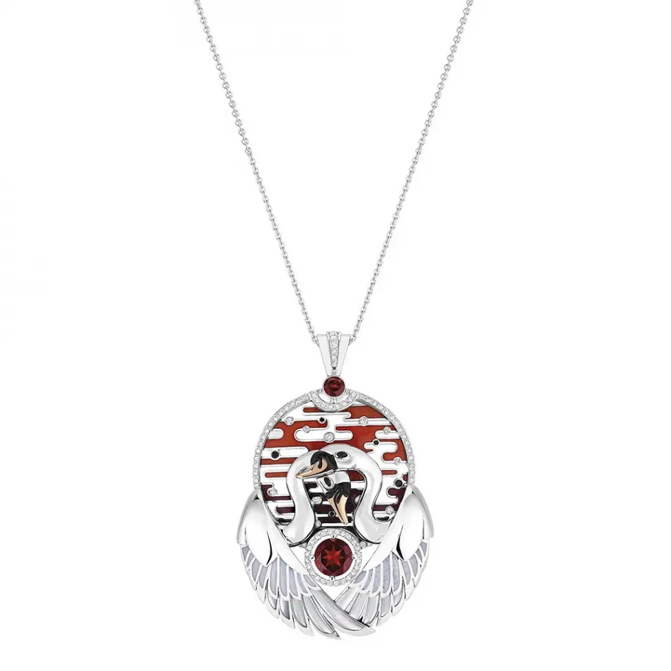 Cygnes Pendant, Large, White Gold, Rose Gold, Garnets, Onyx, Diamonds, Mother-Of-Pearl, Lacquer, Enamel (Special Order)