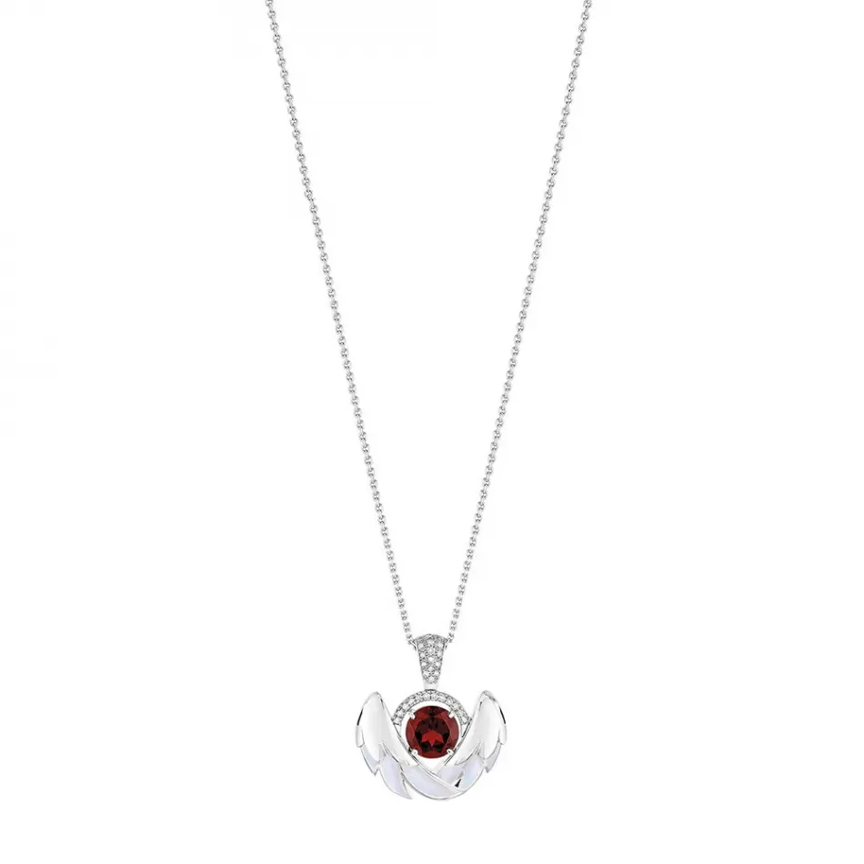 Cygnes Pendant, Small, White Gold, Garnet, Diamonds, Mother-Of-Pearl (Special Order)