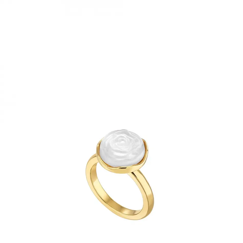 Pivoine Ring White Pearly On Clear Crystal, 18 Carats Yellow Gold Plated