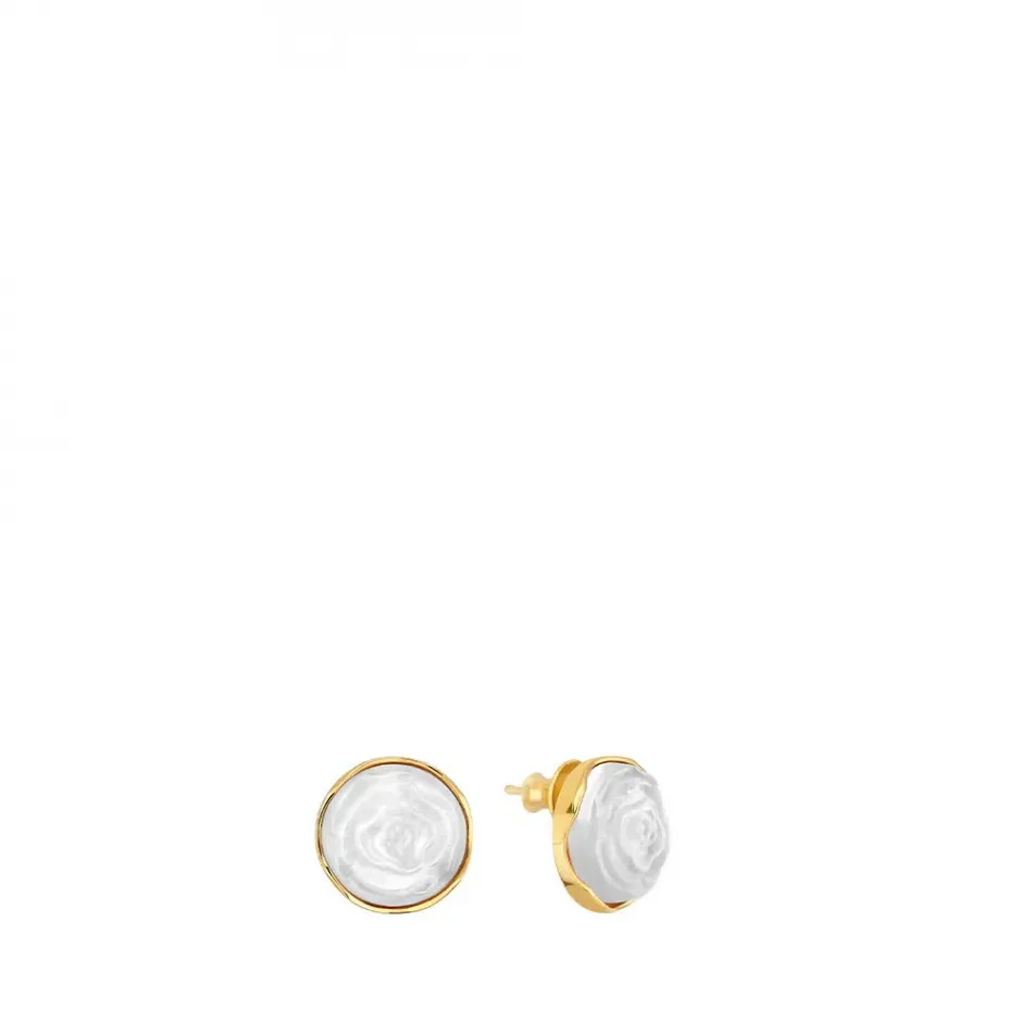 Pivoine Earrings White Pearly On Clear Crystal, 18 Carats Yellow Gold Plated