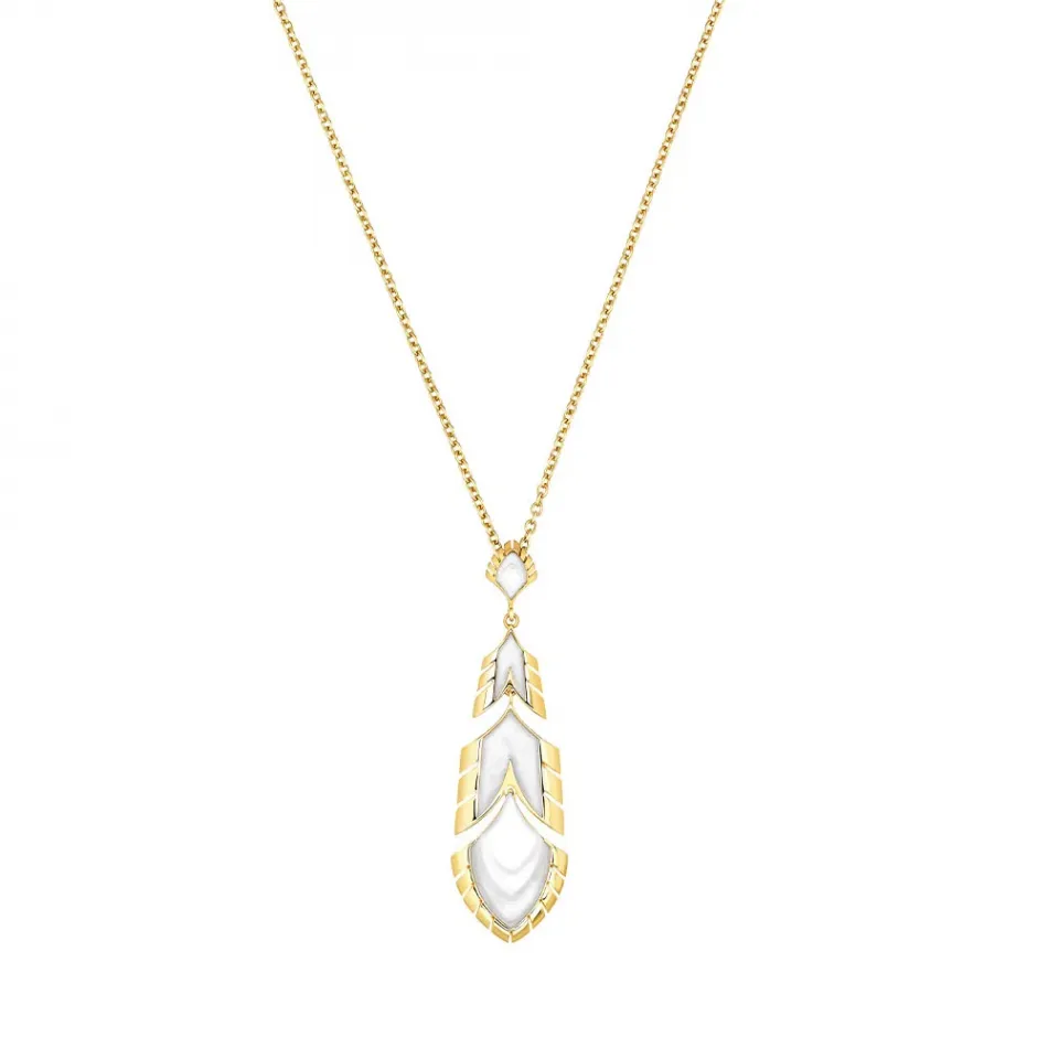 Paon Pendant White Pearly Clear Crystal And White Lacquer, 18K Yellow Gold-Plated