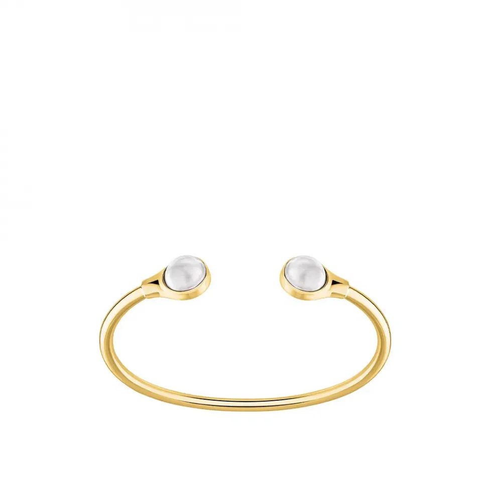 Cabochon Flexible Bangle White Pearly Clear Crystal, 18K Yellow Gold-Plated, Small