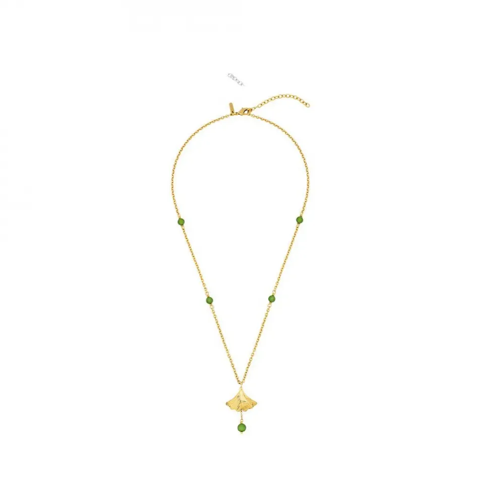 Ginkgo Small Necklace Antinea Green Crystal 18K Yellow Gold-Plated