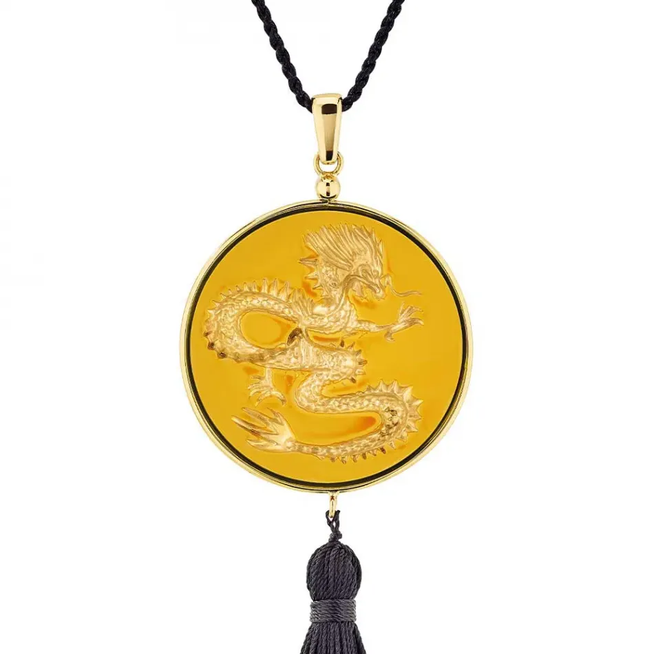 Dragond Tianlong Pendant, Amber Crystal, 18K Yellow Gold Plated Brass