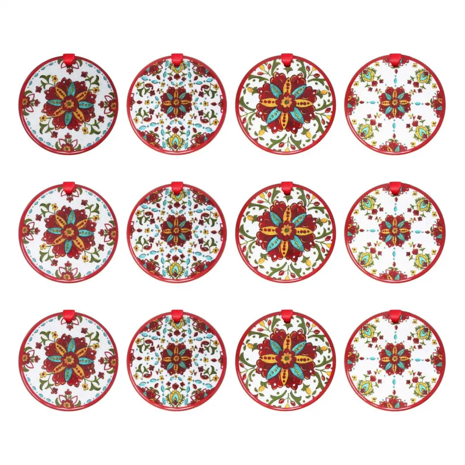 Set Of 12 Assorted Allegra Pattern Christmas Ornaments 3" Diameter
