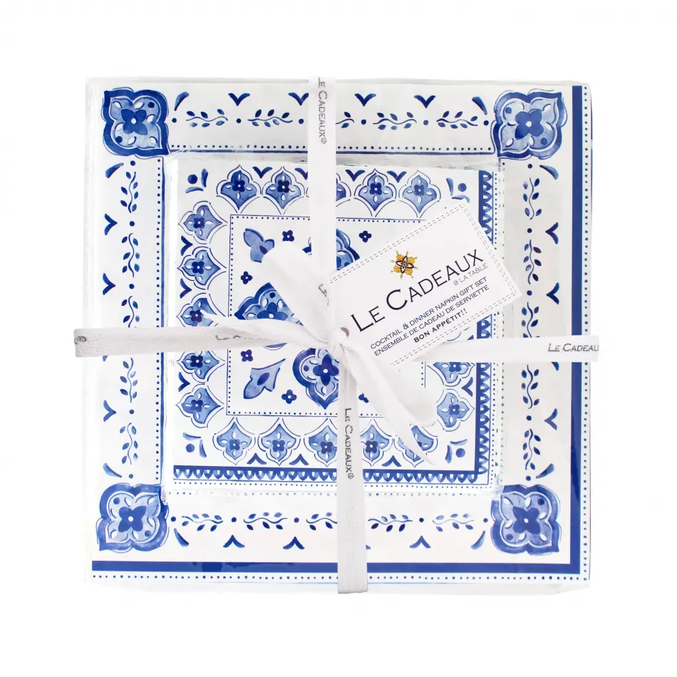 Morocan Blue Gift Set Patterned Dinner And Cocktail Paper Napkins With Ribbon And Tag (20 In Each Size Pack)