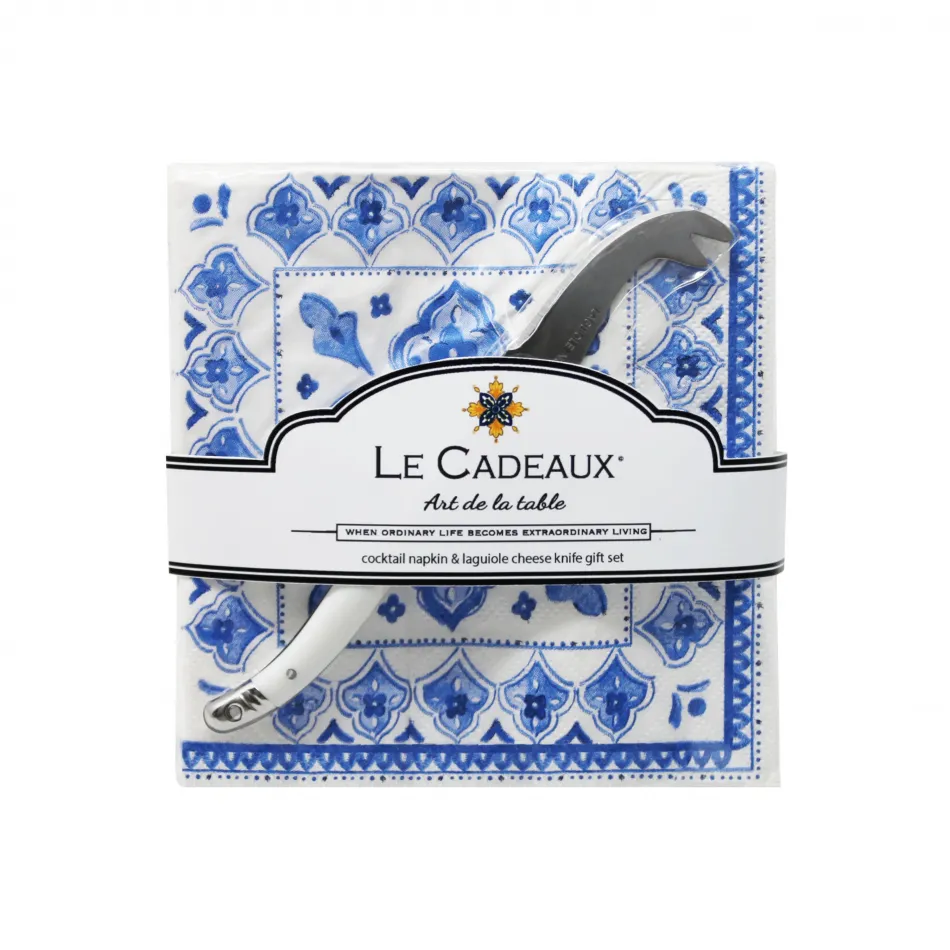 Moroccan Blue  Cocktail Napkins 20Pk w/Laguiole Mini Cheese Knife White