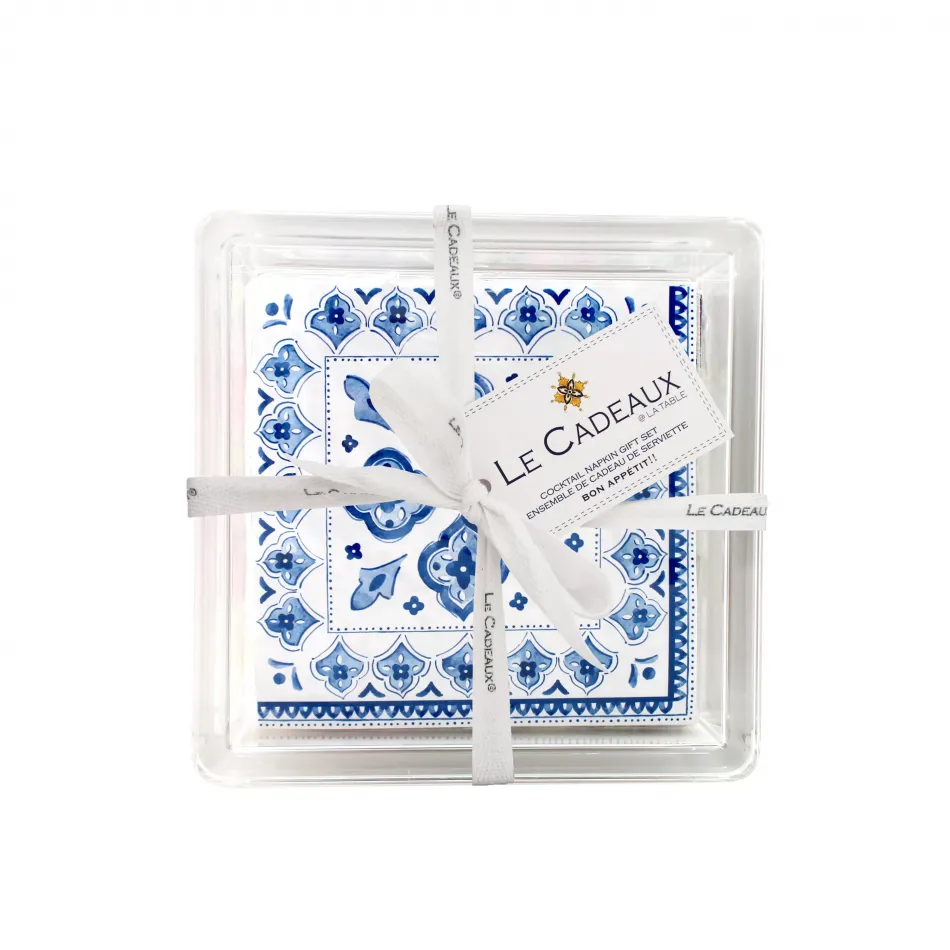 Morrocan Blue Gift Set Patterned Paper Cocktail Napkins (Pack Of 30) In Acrylic Holder
