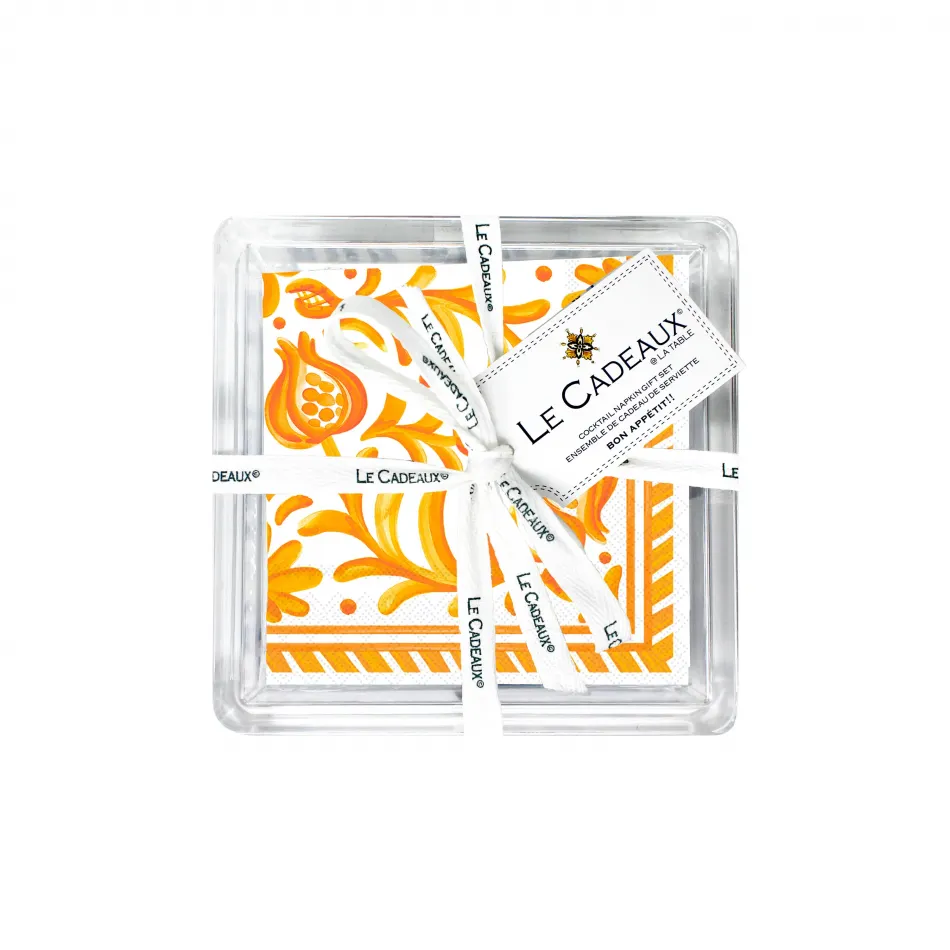 Sicily Orange Gift Set Patterned Paper Cocktail Napkins (Pack Of 20) In Acrylic Holder