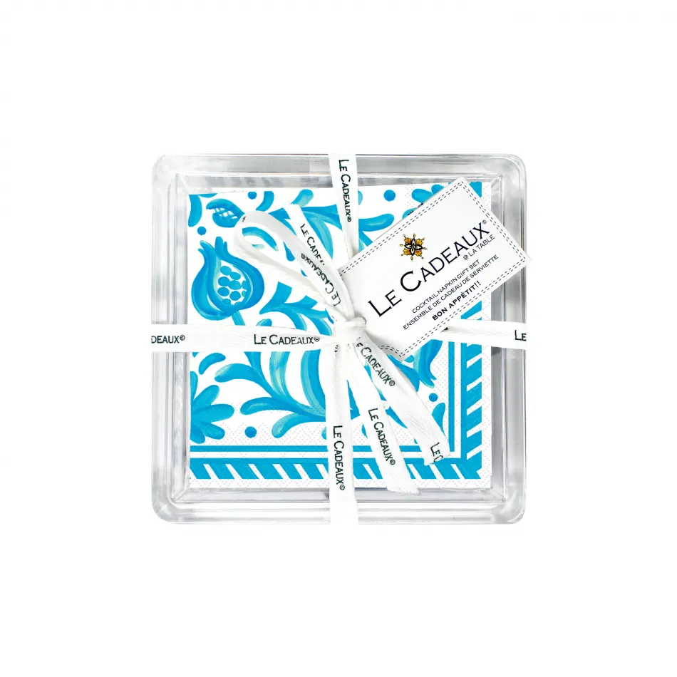 Sicily Teal Gift Set Patterned Paper Cocktail Napkins (Pack Of 20) In Acrylic Holder