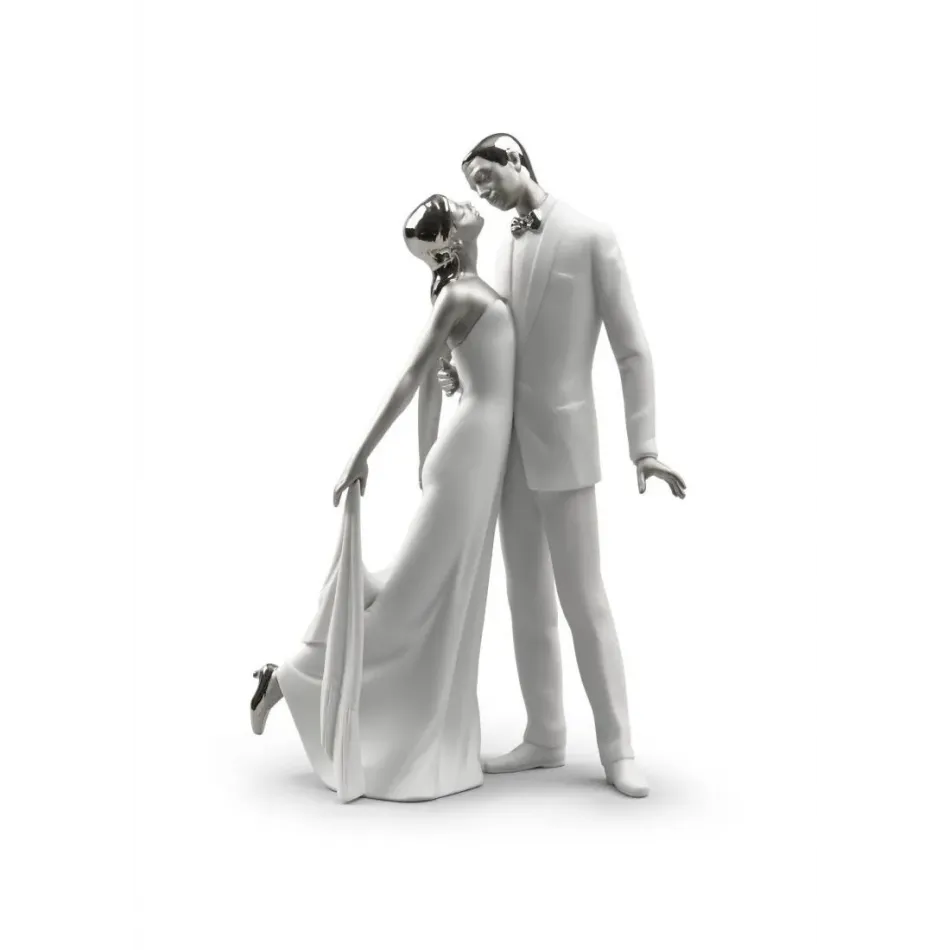 Happy Anniversary Couple Figurine Silver Lustre