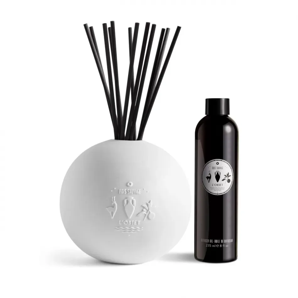 Bois Sauvage Porcelain Diffuser Set Vessel: 5 x 4.75” - 13 x 12cm; Reeds: 9.5” - 24cm; Oil: 8oz - 235ml