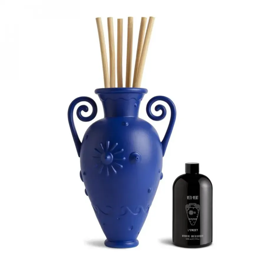 Pantheon Orpheus Amphora + Veti-Vert Diffuser Set - Blue Vessel: 11.5 x 7.75 x 6.25" - 29 x 20 x 16cm; Reeds: 17" - 43cm; Oil: 17fl.oz - 500ml