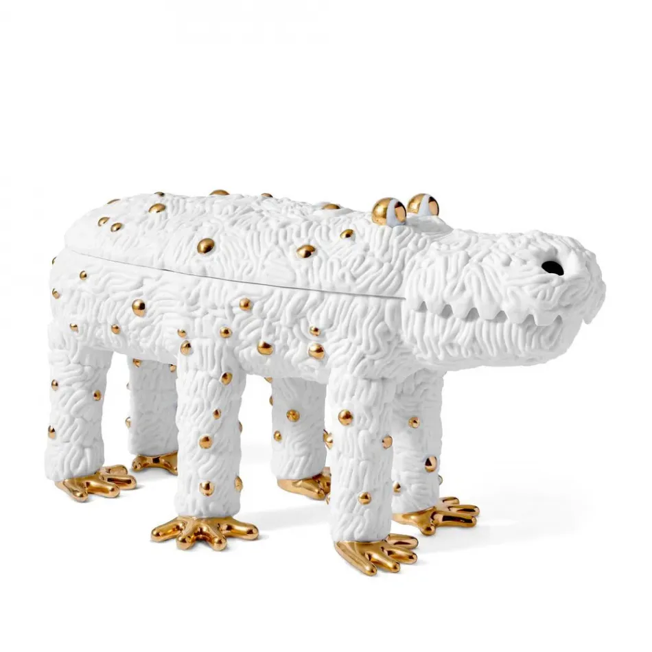 L'Objet + Haas Pedro the Croc Box White + Gold Limited Edition of 250 16 x 6.25 x 9.25" - 41 x 16 x 23cm (Special Order)