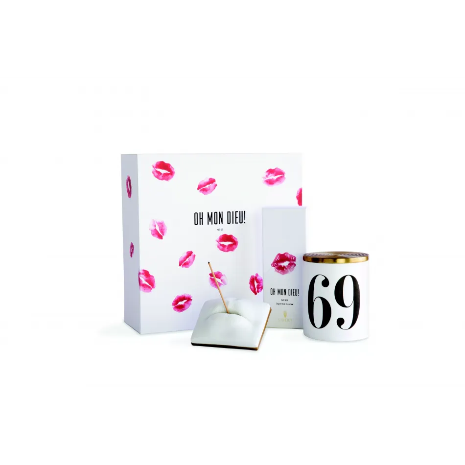 Oh Mon Dieu! No.69 Gift Set (Lips Incense Holder, Incense, Candle 12.5oz 350g) Box: 9.75 x 9.75 x 4.5" - 25 x 25 x 11cm