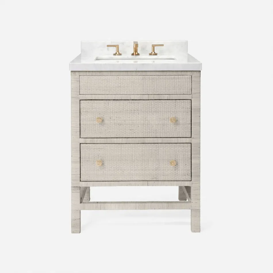 Isla Bath Vanity 28"L X 22"W X 33"H French Gray Peeled Rattan with Zaire Bath Vanity Knob Set Of 4 Antiqued Brass