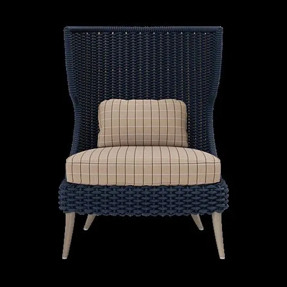 Arla Indoor/Outdoor Lounge Chair Navy 30"W x 32"D x 43"H Twisted Faux Rope Clyde Beige Plaid High-Performance Fabric