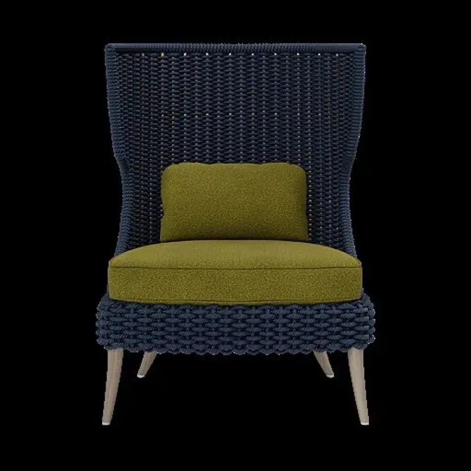 Arla Indoor/Outdoor Lounge Chair Navy 30"W x 32"D x 43"H Twisted Faux Rope Lambro Olive High-Performance Boucle