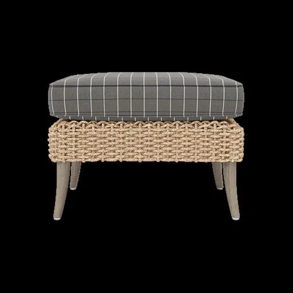 Arla Indoor/Outdoor Ottoman Natural 24"W x 18"D x 18"H Twisted Faux Rope Clyde Charcoal Plaid High-Performance Fabric