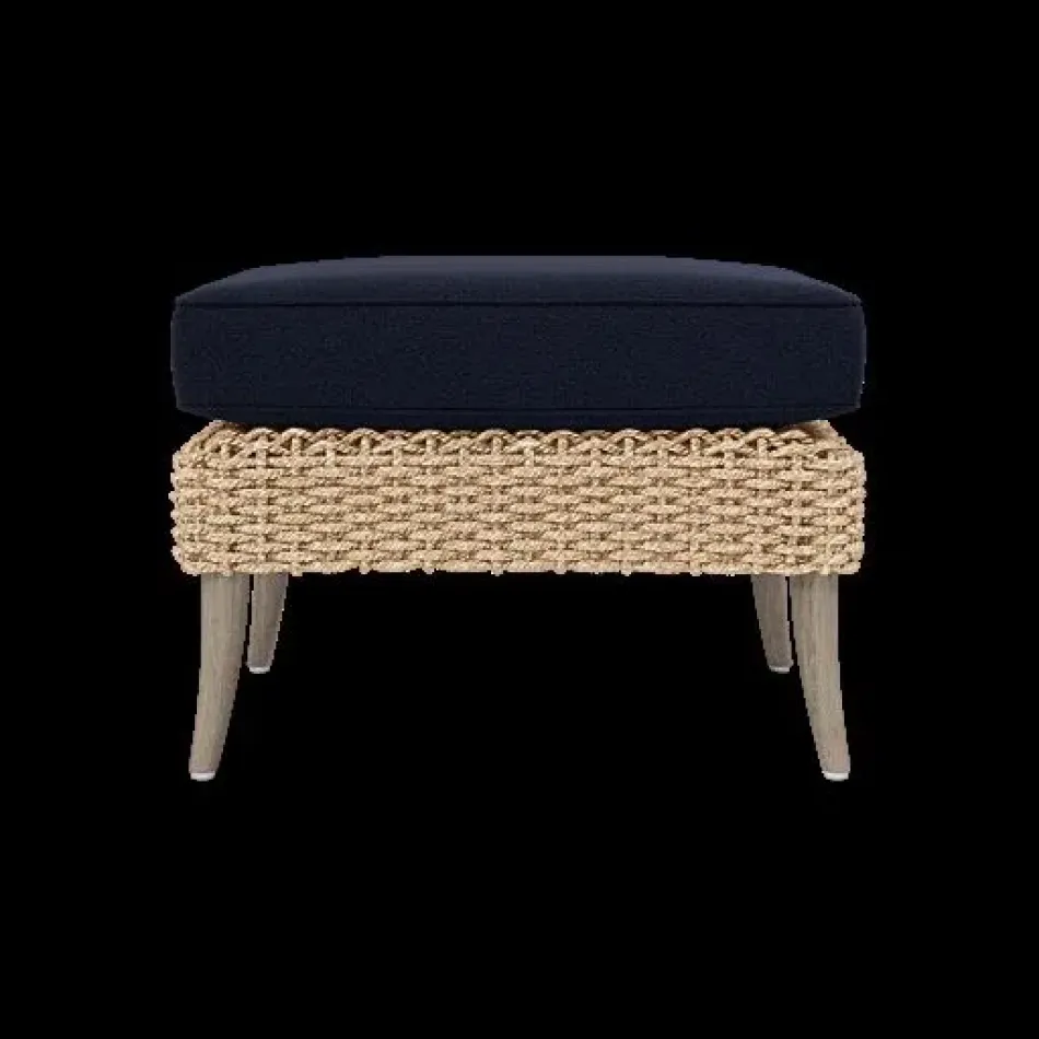 Arla Indoor/Outdoor Ottoman Natural 24"W x 18"D x 18"H Twisted Faux Rope Lambro Navy High-Performance Boucle