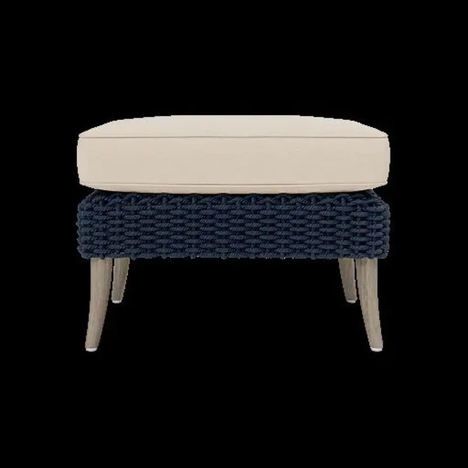 Arla Indoor/Outdoor Ottoman Navy 24"W x 18"D x 18"H Twisted Faux Rope Alsek Ivory High-Performance Fabric