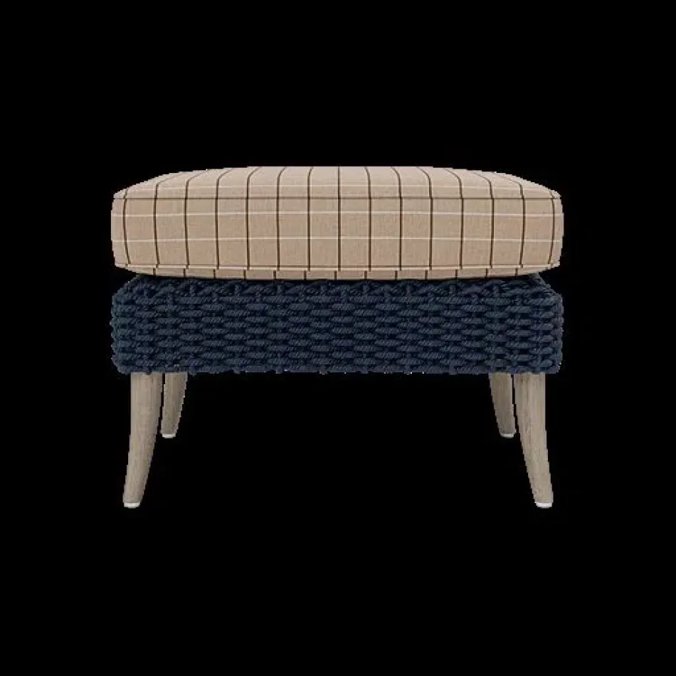 Arla Indoor/Outdoor Ottoman Navy 24"W x 18"D x 18"H Twisted Faux Rope Clyde Beige Plpaid