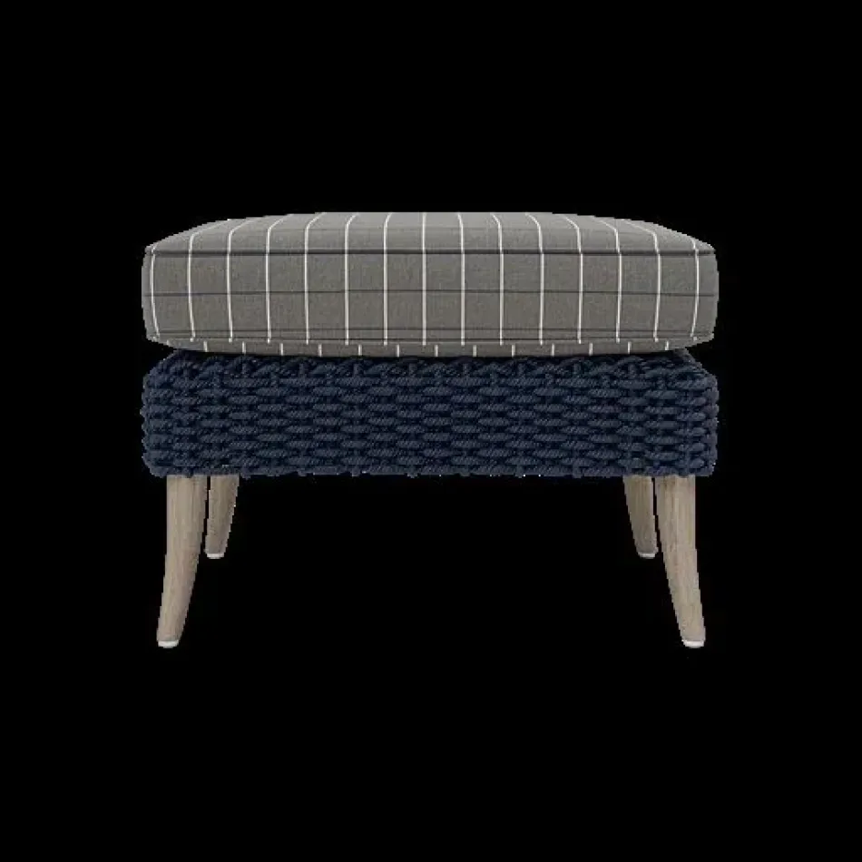 Arla Indoor/Outdoor Ottoman Navy 24"W x 18"D x 18"H Twisted Faux Rope Clyde Charcoal Plaid High-Performance Fabric