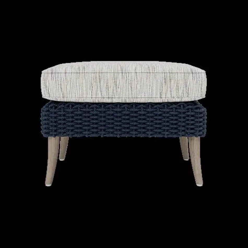 Arla Indoor/Outdoor Ottoman Navy 24"W x 18"D x 18"H Twisted Faux Rope Danube Gray Beige Mix High-Performance Fabric