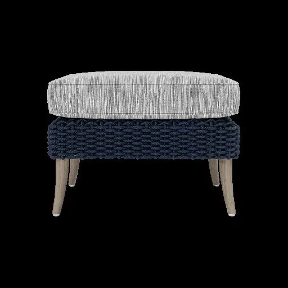 Arla Indoor/Outdoor Ottoman Navy 24"W x 18"D x 18"H Twisted Faux Rope Danube Gray Mix High-Performance Fabric