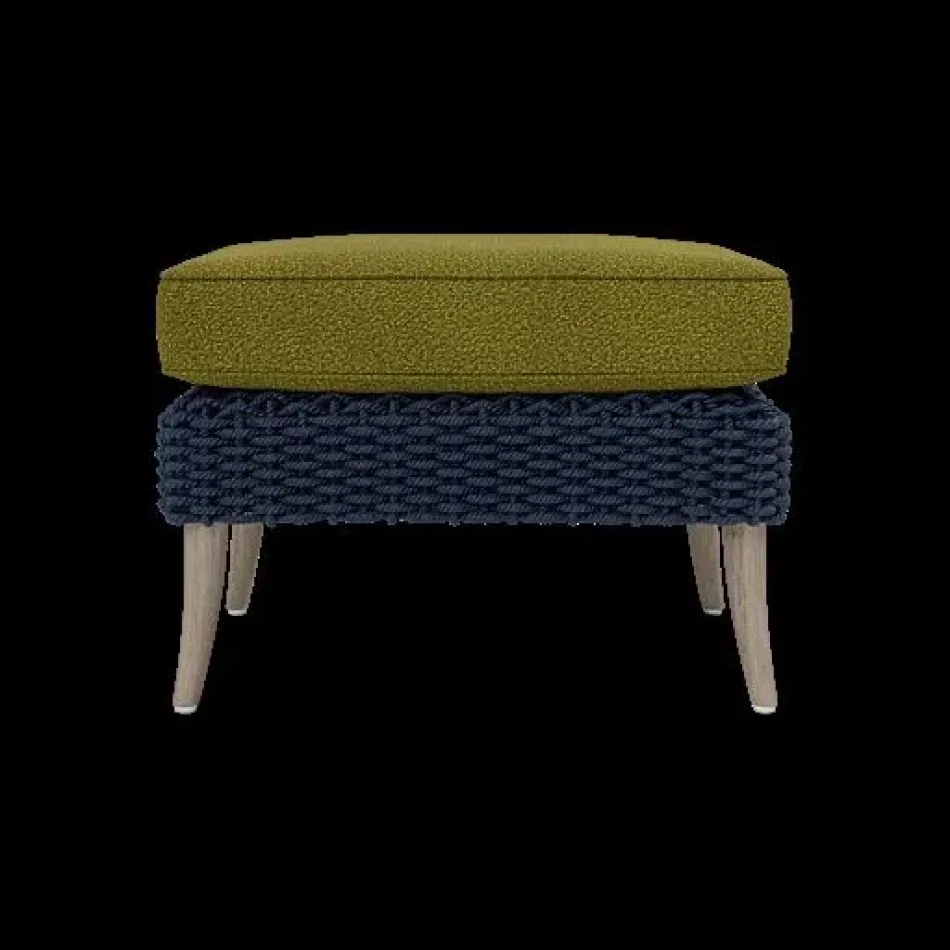 Arla Indoor/Outdoor Ottoman Navy 24"W x 18"D x 18"H Twisted Faux Rope Lambro Olive High-Performance Boucle