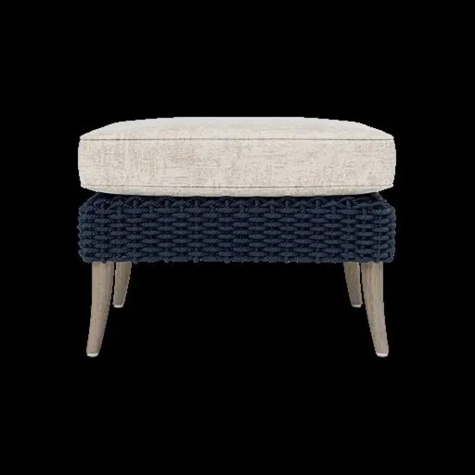 Arla Indoor/Outdoor Ottoman Navy 24"W x 18"D x 18"H Twisted Faux Rope Volta Sand High-Performance Fabric