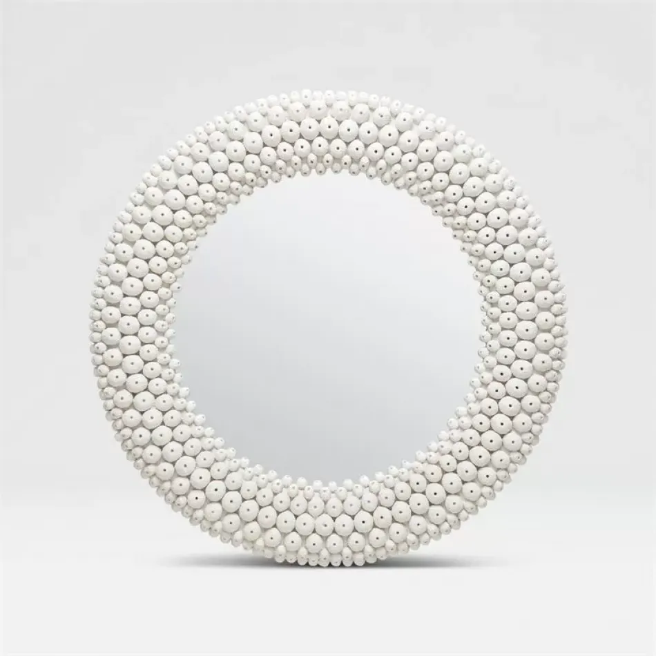 Helene 34"Diam Round Coral White Faux Sea Urchin Mirror