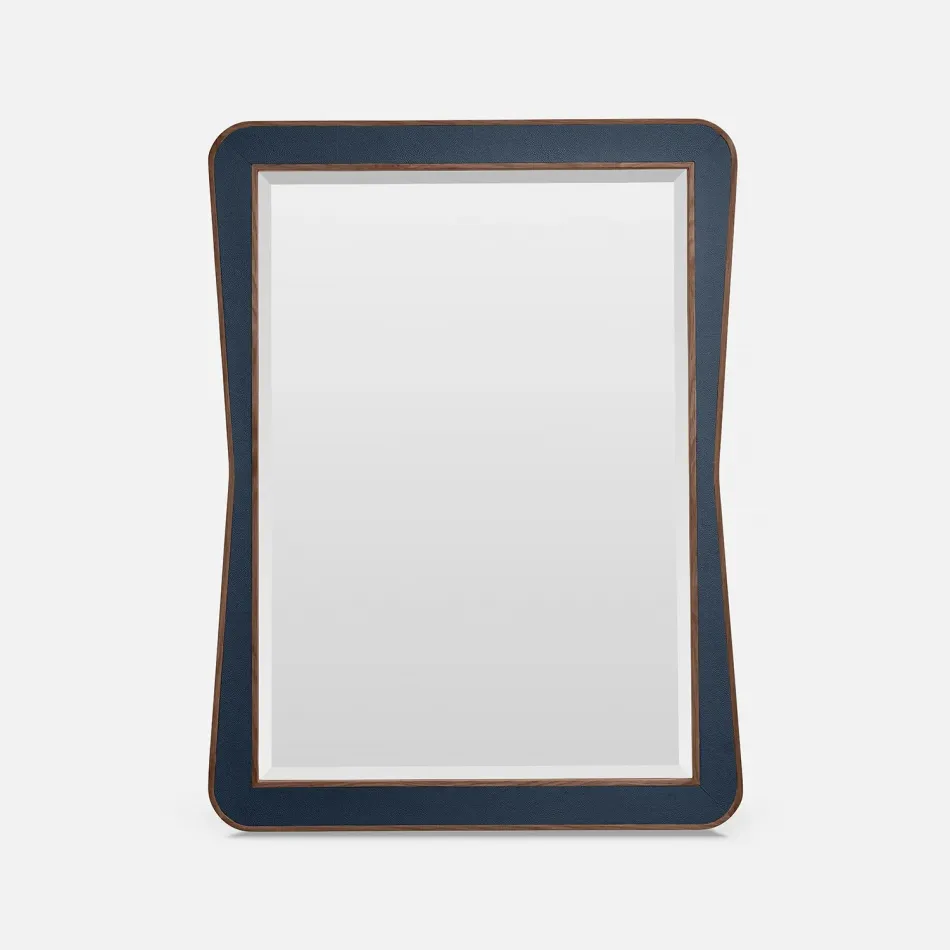 Kennedy Navy/Walnut Vintage Faux Shagreen/Veneer Rectangular Mirror 30"W x 40"H