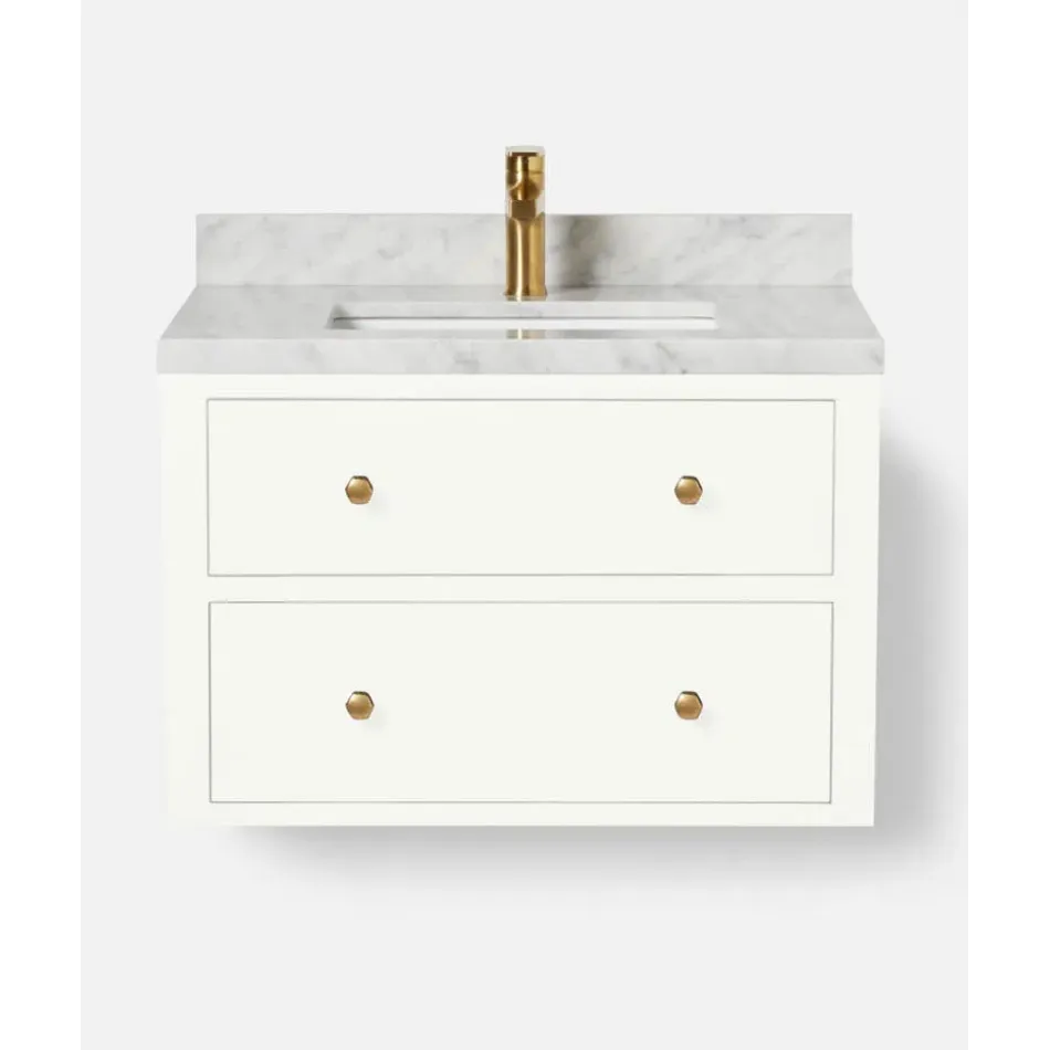 Jarin Floating Bath Vanity 28"L X 22"W X 18"H Designer White Faux Belgian Linen with Romny Bath Vanity Knob Set Of 4 Antiqued Gold Brass