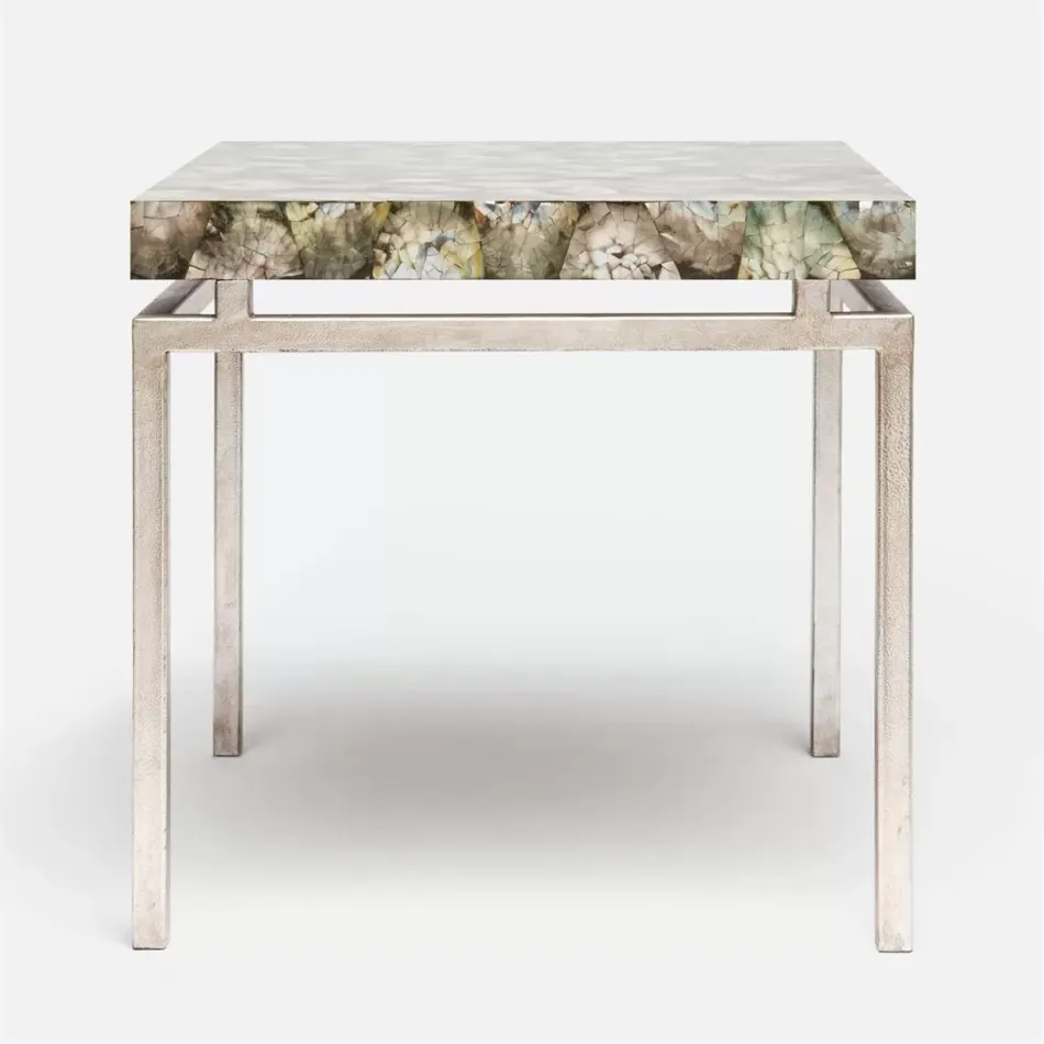 Benjamin Side Table Texturized Silver Steel 22"L x 22"W x 21"H Shell Silver Mother of Pearl