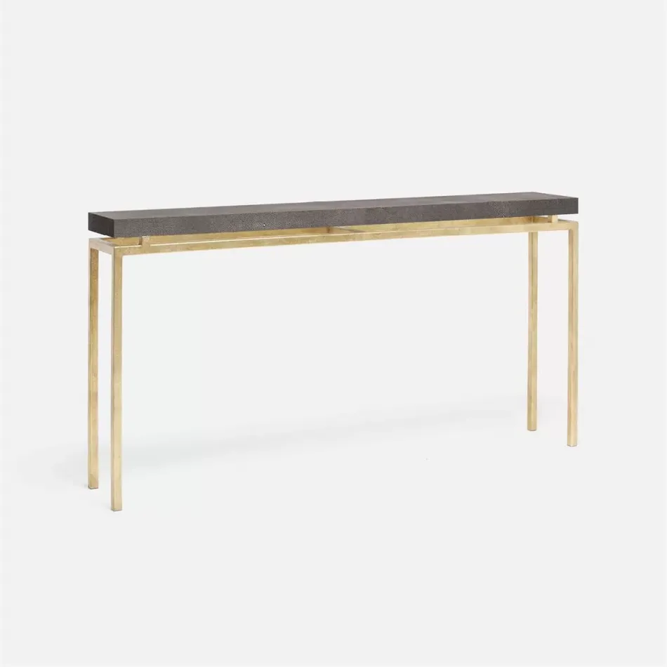 Benjamin Slim Narrow Console Texturized Gold Steel 48"L x 10"W x 31"H Realistic Faux Shagreen Dark Mushroom