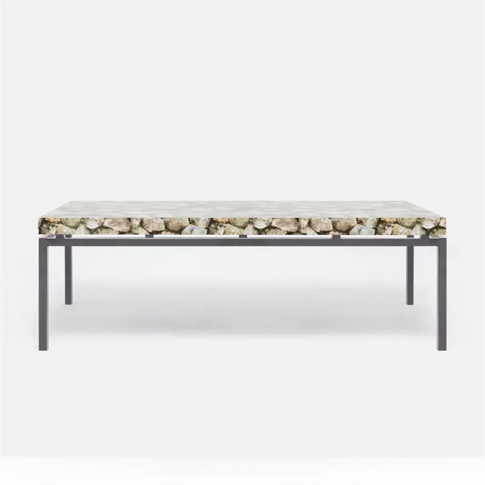 Benjamin Coffee Table Flat Black Steel 52"L x 30"W x 20"H Realistic Faux Shagreen Ivory