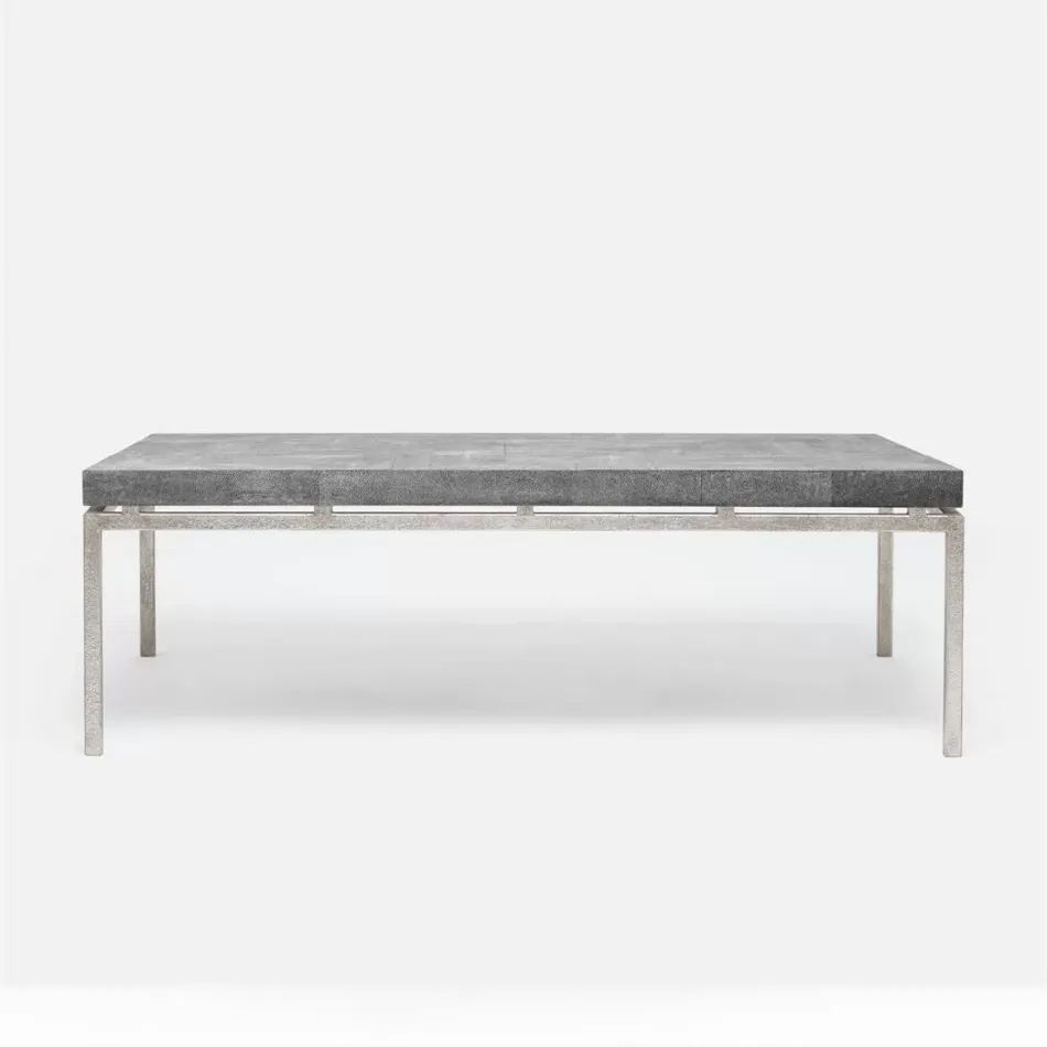 Benjamin Coffee Table Texturized Silver Steel 52"L x 30"W x 20"H Realistic Faux Shagreen Cool Gray