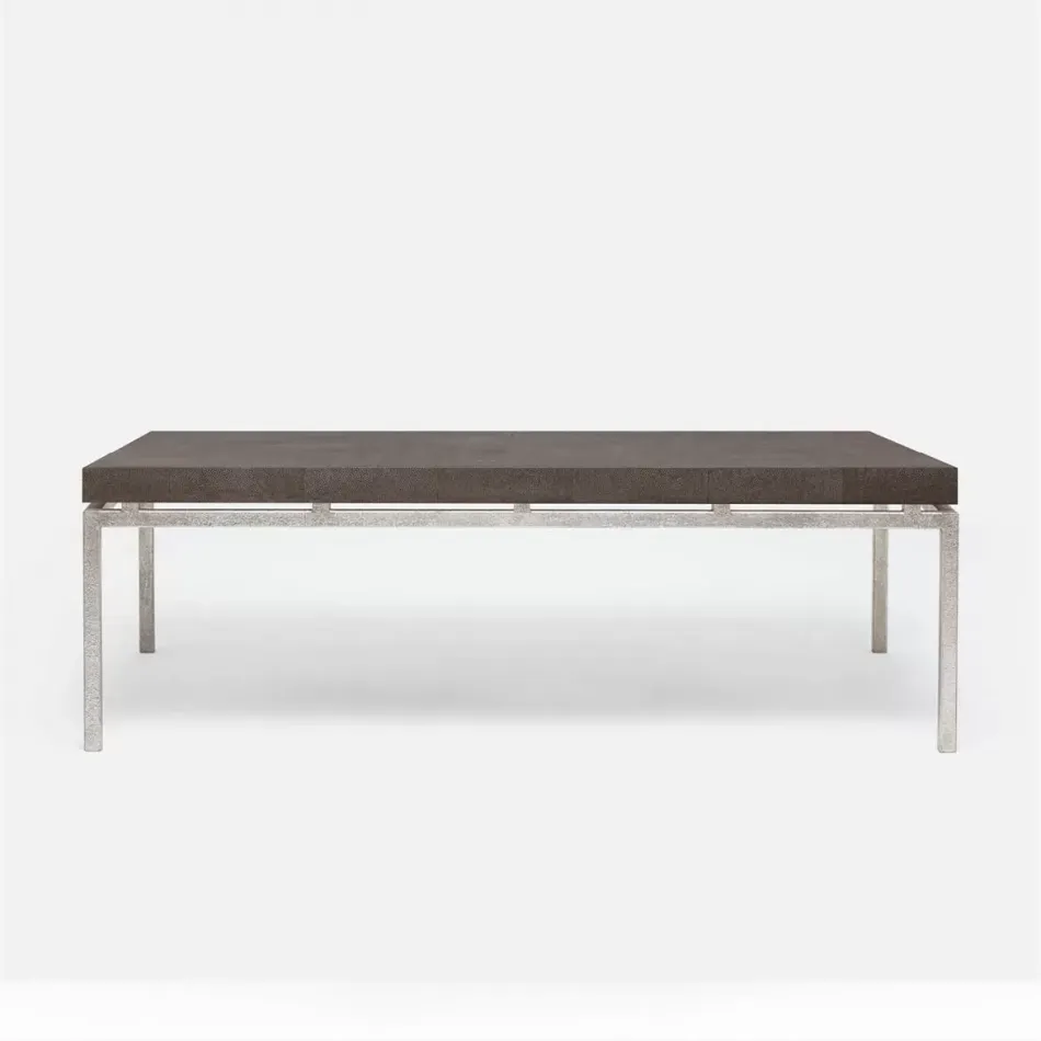 Benjamin Coffee Table Texturized Silver Steel 52"L x 30"W x 20"H Realistic Faux Shagreen Dark Mushroom