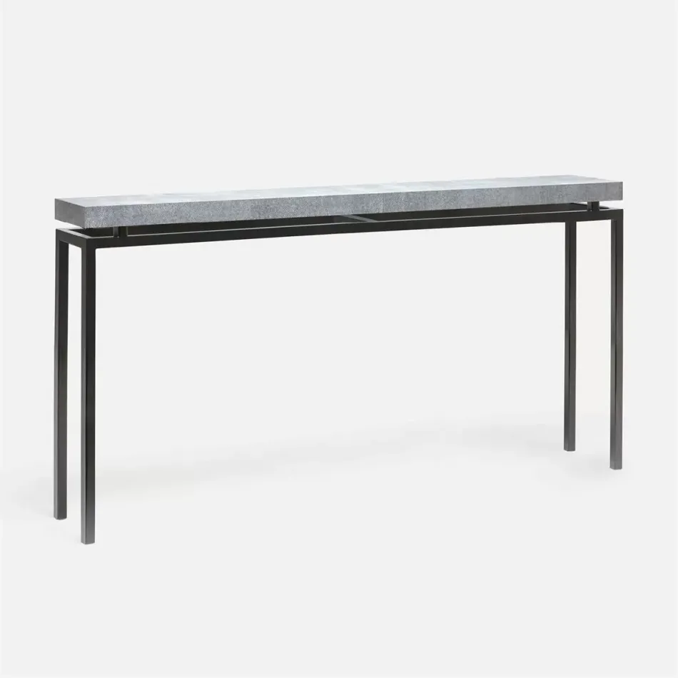 Benjamin Slim Narrow Console Flat Black Steel 60"L x 10"W x 31"H Realistic Faux Shagreen Cool Gray