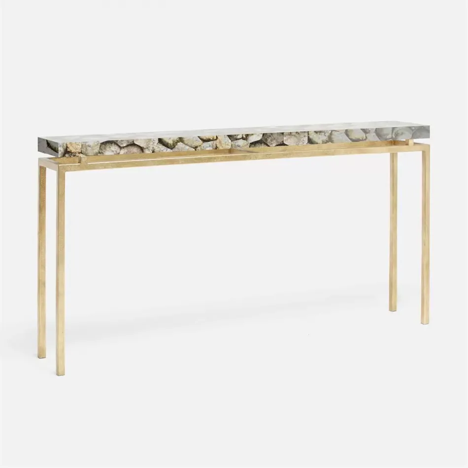 Benjamin Slim Narrow Console Texturized Gold Steel 60"L x 10"W x 31"H Shell Silver Mother of Pearl