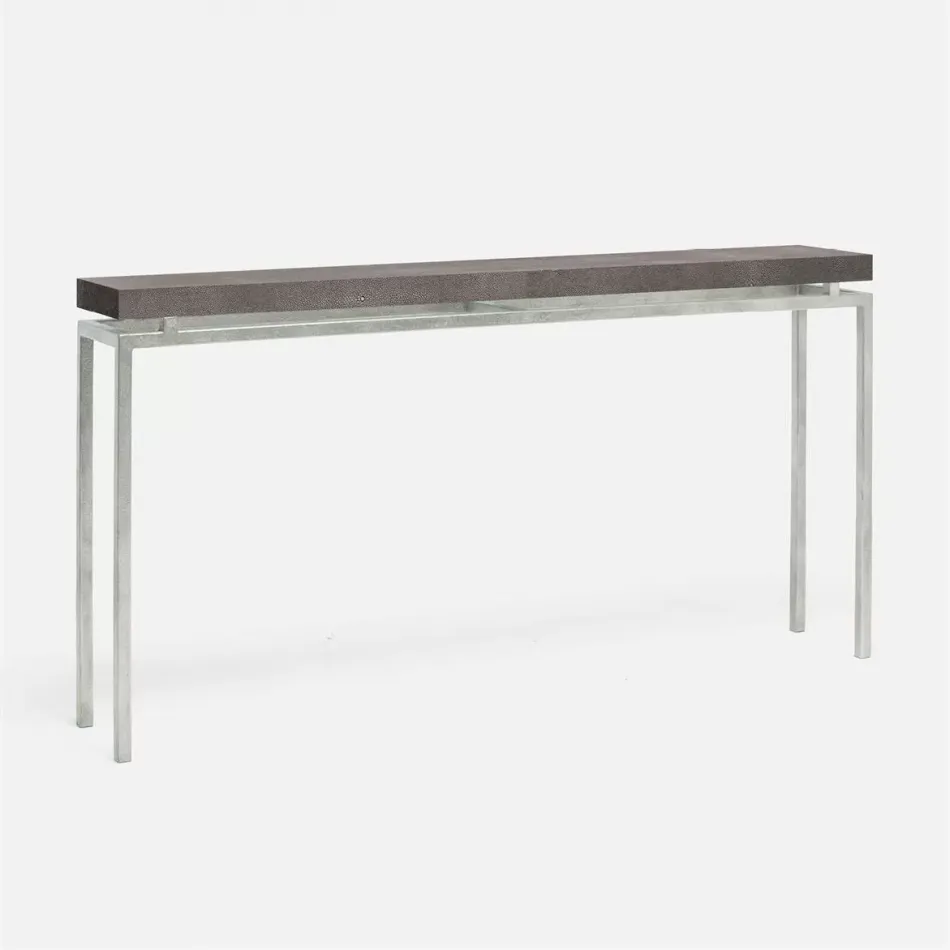 Benjamin Slim Narrow Console Texturized Silver Steel 60"L x 10"W x 31"H Realistic Faux Shagreen Dark Mushroom