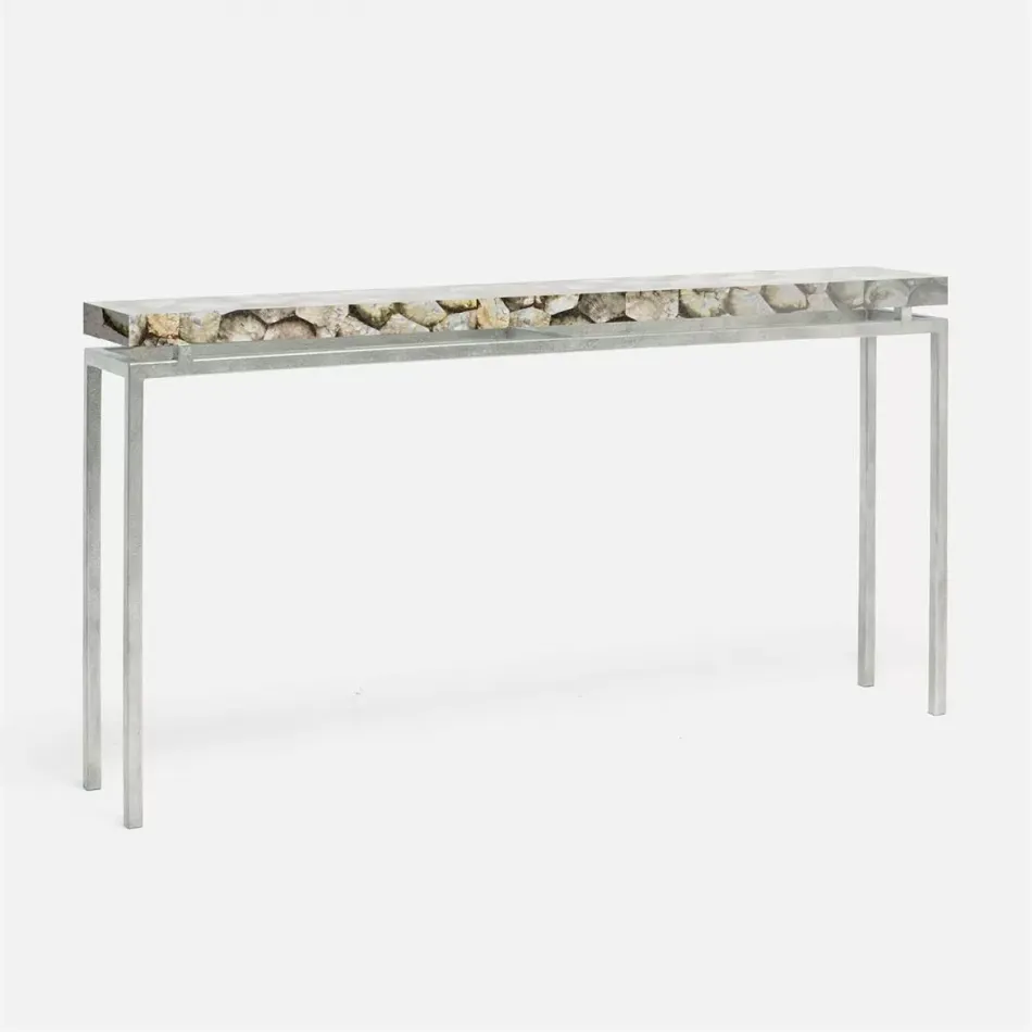 Benjamin Slim Narrow Console Texturized Silver Steel 60"L x 10"W x 31"H Shell Silver Mother of Pearl