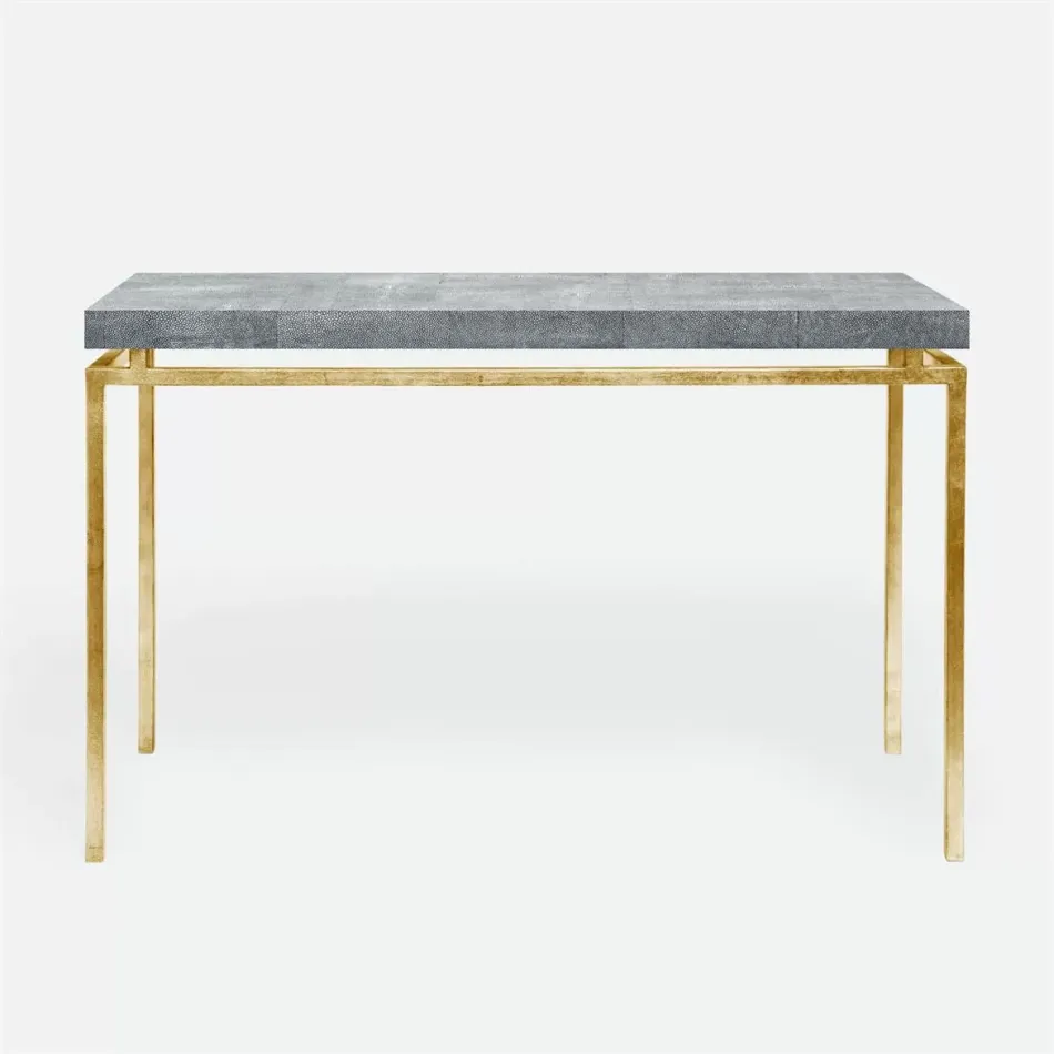 Benjamin Console Table Texturized Gold Steel 60"L x 18"W x 31"H Realistic Faux Shagreen Cool Gray