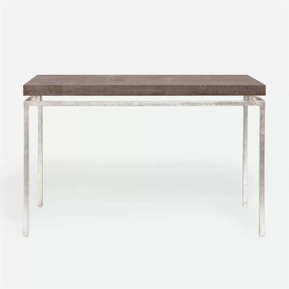 Benjamin Console Table Texturized Silver Steel 60"L x 18"W x 31"H Realistic Faux Shagreen Dark Mushroom