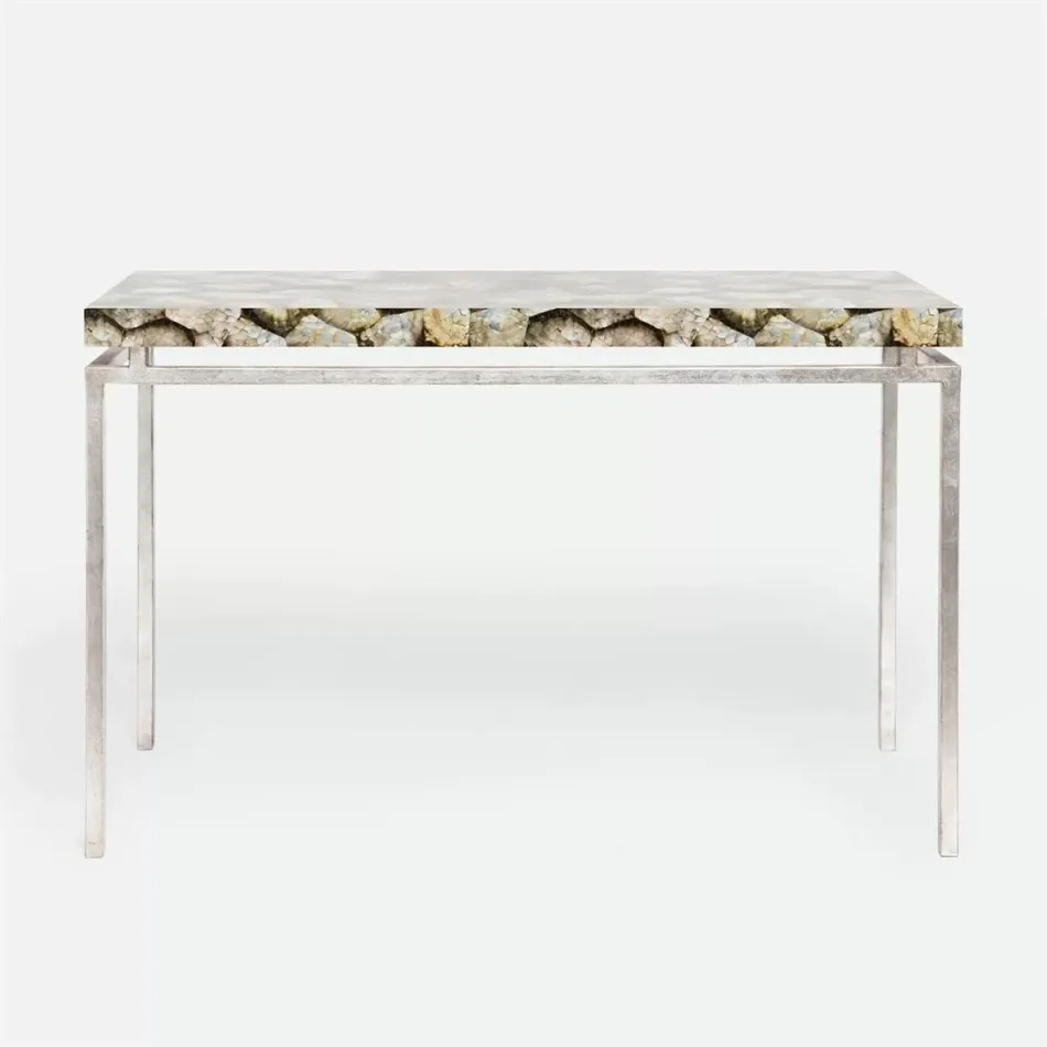 Benjamin Console Table Texturized Silver Steel 60"L x 18"W x 31"H Shell Silver Mother of Pearl