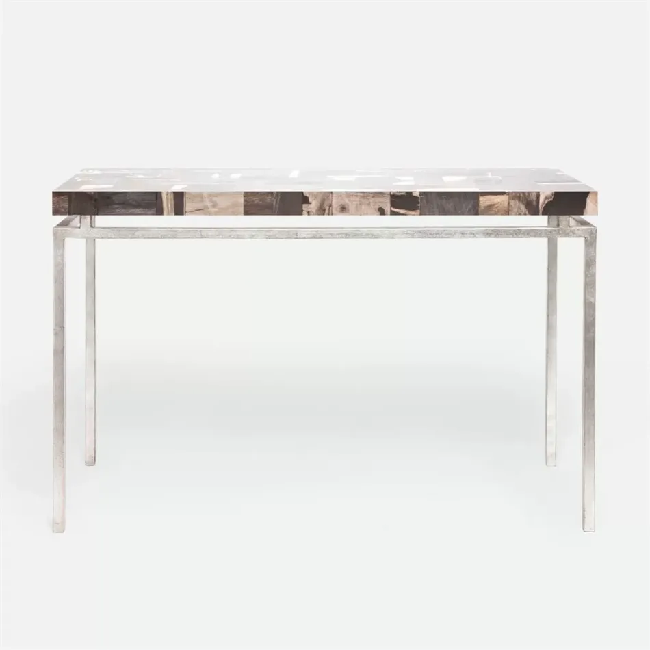 Benjamin Console Table Texturized Silver Steel 60"L x 18"W x 31"H Petrified Wood Dark Mix