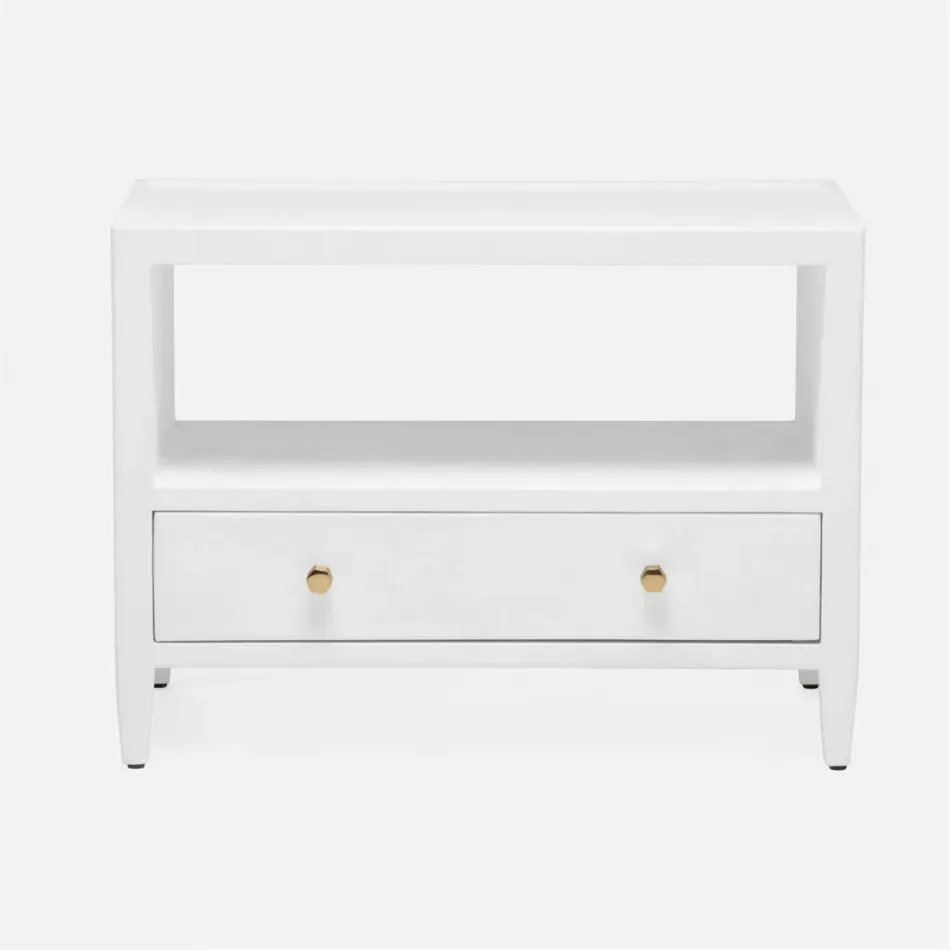 Jarin Low Nightstand Designer White Faux Belgian Linen 30"L x 18"W x 22"H